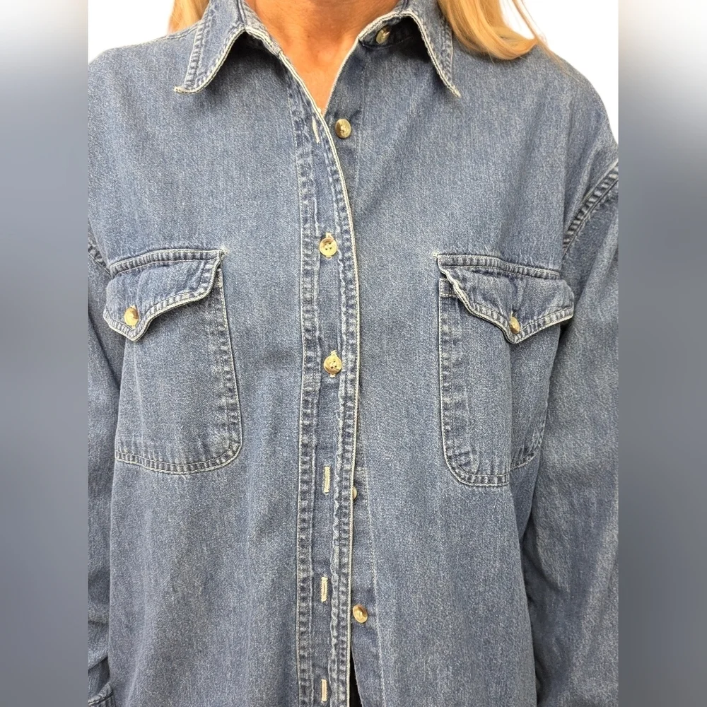 Terra Oversized Denim Button Up Shirt 100% Cotton Blue Size L